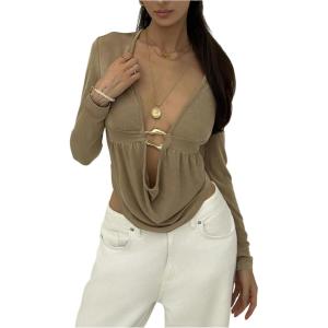 imageMakeMeChic Womens Deep V Neck Draped Front T Shirt Metal Ring Long Sleeve Going Out TopsKhaki