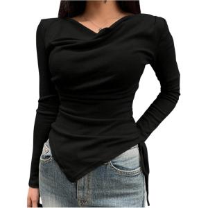 imageMakeMeChic Womens Draped Cowl Neck Drawstring Ruched Tee Asymmetrical Hem Long Sleeve Slim Fitted T Shirt TopBlack