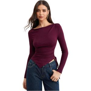 imageMakeMeChic Womens Draped Cowl Neck Drawstring Ruched Tee Asymmetrical Hem Long Sleeve Slim Fitted T Shirt TopBurgundy
