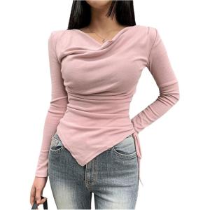 imageMakeMeChic Womens Draped Cowl Neck Drawstring Ruched Tee Asymmetrical Hem Long Sleeve Slim Fitted T Shirt TopPink