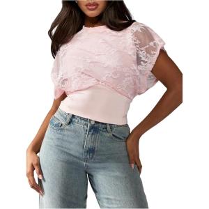 imageMakeMeChic Womens Elegant Summer Floral Lace Crew Neck Tee Shirt Short Sleeve Crop TopLight Pink
