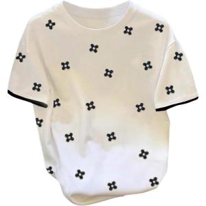 imageMakeMeChic Womens Floral Embroidery Crew Neck Tee Shirt Short Sleeve Going Out TopsWhite