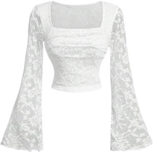 imageMakeMeChic Womens Floral Lace Bell Sleeve T Shirt Square Neck Fitted Crop TopsWhite