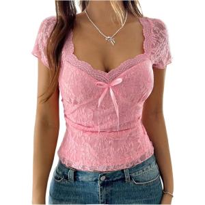 imageMakeMeChic Womens Floral Lace Bow T Shirt Sweetheart Cap Sleeve Fitted Y2k TopsPink