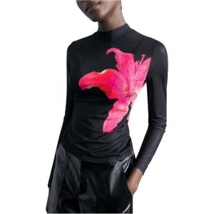 imageMakeMeChic Womens Floral Print Mesh Sheer Mock Neck Long Sleeve Slim Fit Tee Shirt TopsPurple