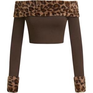imageMakeMeChic Womens Fuzzy Leopard Print Off The Shoulder Tops Long Sleeve Slim Fitted Y2K Crop TopsCoffee Brown