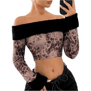 imageMakeMeChic Womens Fuzzy Leopard Print Off The Shoulder Tops Long Sleeve Slim Fitted Y2K Crop TopsMulticolor