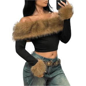 imageMakeMeChic Womens Fuzzy Leopard Print Off The Shoulder Tops Long Sleeve Slim Fitted Y2K Crop TopsMulticolor B