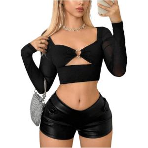 imageMakeMeChic Womens Heart Cut Out Tops Mesh Sheer Sweetheart Neck Long Sleeve Crop Tee ShirtsBlack