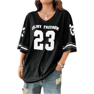 imageMakeMeChic Womens Jersey Shirt V Neck Y2K Jersey Top Oversized Short Sleeve Letter Graphic ShirtsBlack