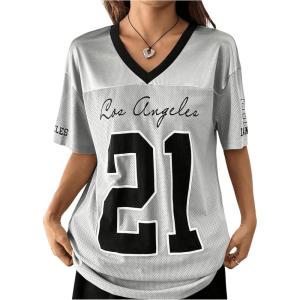 imageMakeMeChic Womens Letter Graphic V Neck Short Sleeve Drop Shoulder Tee Jersey TopGrey