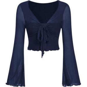 imageMakeMeChic Womens Mesh Bell Sleeve Tie Front Tee Shirt V Neck Lettuce Trim Crop TopsBlue