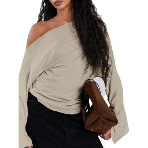 imageMakeMeChic Womens Off The Shoulder Long Sleeve Tops Going Out Asymmetrical Tops Y2k Cropped SweatshirtApricot