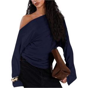 imageMakeMeChic Womens Off The Shoulder Long Sleeve Tops Going Out Asymmetrical Tops Y2k Cropped SweatshirtBlue