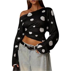 imageMakeMeChic Womens Off The Shoulder Long Sleeve Tops Going Out Asymmetrical Tops Y2k Cropped SweatshirtPolka Dots