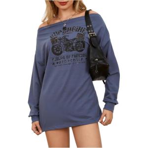 imageMakeMeChic Womens Off The Shoulder Sweatshirt Tops Y2k Oversized Graphic T ShirtDusty Blue