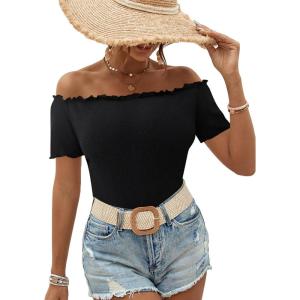 imageMakeMeChic Womens Off The Shoulder Top Lettuce Trim Short Sleeve Fitted T ShirtBlack Plus