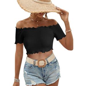 imageMakeMeChic Womens Off The Shoulder Top Lettuce Trim Short Sleeve Fitted T ShirtBlack Solid