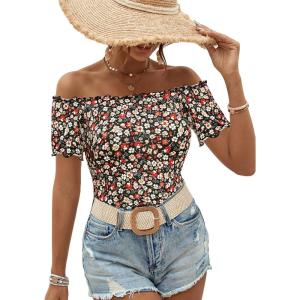 imageMakeMeChic Womens Off The Shoulder Top Lettuce Trim Short Sleeve Fitted T ShirtFloral Black
