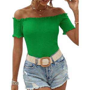imageMakeMeChic Womens Off The Shoulder Top Lettuce Trim Short Sleeve Fitted T ShirtGreen