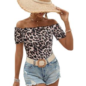 imageMakeMeChic Womens Off The Shoulder Top Lettuce Trim Short Sleeve Fitted T ShirtLeopard Brown