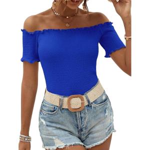 imageMakeMeChic Womens Off The Shoulder Top Lettuce Trim Short Sleeve Fitted T ShirtRoyal Blue