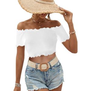 imageMakeMeChic Womens Off The Shoulder Top Lettuce Trim Short Sleeve Fitted T ShirtWhitepetite