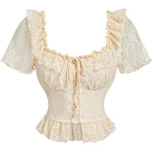 imageMakeMeChic Womens Renaissance Floral Lace Blouse Square Neck Lace Up Ruffle Short Sleeve Vintage Top