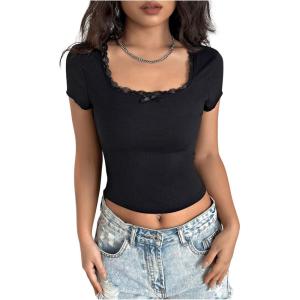 imageMakeMeChic Womens Square Neck Lace Trim Tee Shirt Short Sleeve Rib Knitted Bow Knot Crop TopBlack