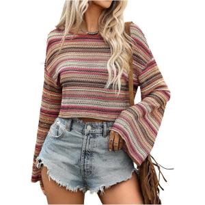 imageMakeMeChic Womens Striped Bell Sleeve Tops Crew Neck Shirts Fall Cowboy Chic Concert OutfitsMulticolor