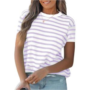 imageMakeMeChic Womens Striped Tee Crew Neck Contrast Binding Short Sleeve Going Out T Shirt TopsPurple