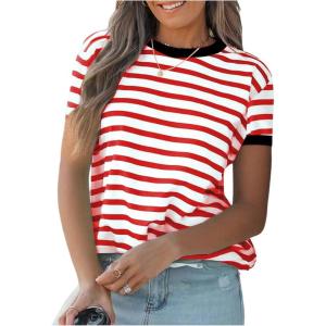 imageMakeMeChic Womens Striped Tee Crew Neck Contrast Binding Short Sleeve Going Out T Shirt TopsRed and White