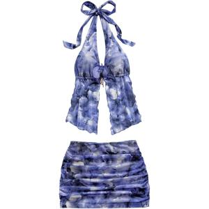 imageMakeMeChic Womens Summer 2 Piece Sets Mesh Open Back Halter Top Camisole Pencil Mini Skirt SetBlue