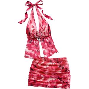 imageMakeMeChic Womens Summer 2 Piece Sets Mesh Open Back Halter Top Camisole Pencil Mini Skirt SetHot Pink