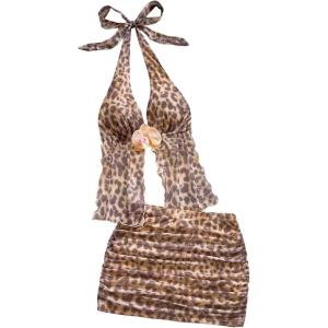 imageMakeMeChic Womens Summer 2 Piece Sets Mesh Open Back Halter Top Camisole Pencil Mini Skirt SetLeopard