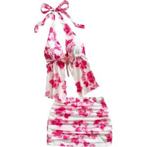 imageMakeMeChic Womens Summer 2 Piece Sets Mesh Open Back Halter Top Camisole Pencil Mini Skirt SetPink