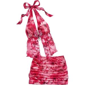 imageMakeMeChic Womens Summer 2 Piece Sets Mesh Open Back Halter Top Camisole Pencil Mini Skirt SetRed