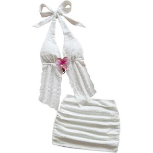 imageMakeMeChic Womens Summer 2 Piece Sets Mesh Open Back Halter Top Camisole Pencil Mini Skirt SetWhite