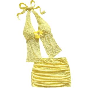 imageMakeMeChic Womens Summer 2 Piece Sets Mesh Open Back Halter Top Camisole Pencil Mini Skirt SetYellow