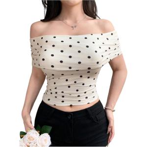 imageMakeMeChic Womens Summer Crop Tops Polka Dots Off The Shoulder Tee Shirt Short Sleeve Ruched ShirtsApricot