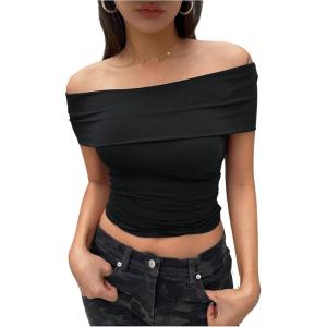 imageMakeMeChic Womens Summer Crop Tops Polka Dots Off The Shoulder Tee Shirt Short Sleeve Ruched ShirtsBlack