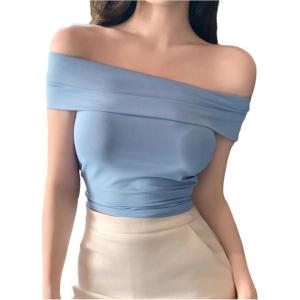 imageMakeMeChic Womens Summer Crop Tops Polka Dots Off The Shoulder Tee Shirt Short Sleeve Ruched ShirtsBlue