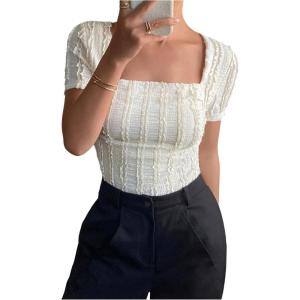 imageMakeMeChic Womens Summer Square Neck Tee Shirt Textured Short Sleeve TopsApricot