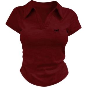 imageMakeMeChic Womens Summer Tops Bow Embroidery V Neck T Shirt Ruched Collared Short Sleeve TopBurgundy