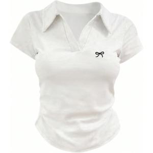 imageMakeMeChic Womens Summer Tops Bow Embroidery V Neck T Shirt Ruched Collared Short Sleeve TopWhite
