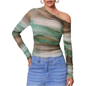 imageMakeMeChic Womens Tie Dye Asymmetrical Neck Long Sleeve Ruched Tee Shirt Crop TopsGreen
