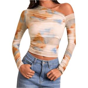 imageMakeMeChic Womens Tie Dye Asymmetrical Neck Long Sleeve Ruched Tee Shirt Crop TopsMulticolor