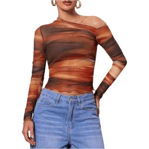 imageMakeMeChic Womens Tie Dye Asymmetrical Neck Long Sleeve Ruched Tee Shirt Crop TopsOrange