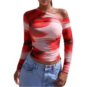imageMakeMeChic Womens Tie Dye Asymmetrical Neck Long Sleeve Ruched Tee Shirt Crop TopsRed