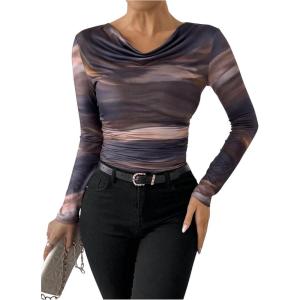 imageMakeMeChic Womens Tie Dye Draped Cowl Neck Tee Shirts Long Sleeve Ruched Slim Fit Tee TopsBrown